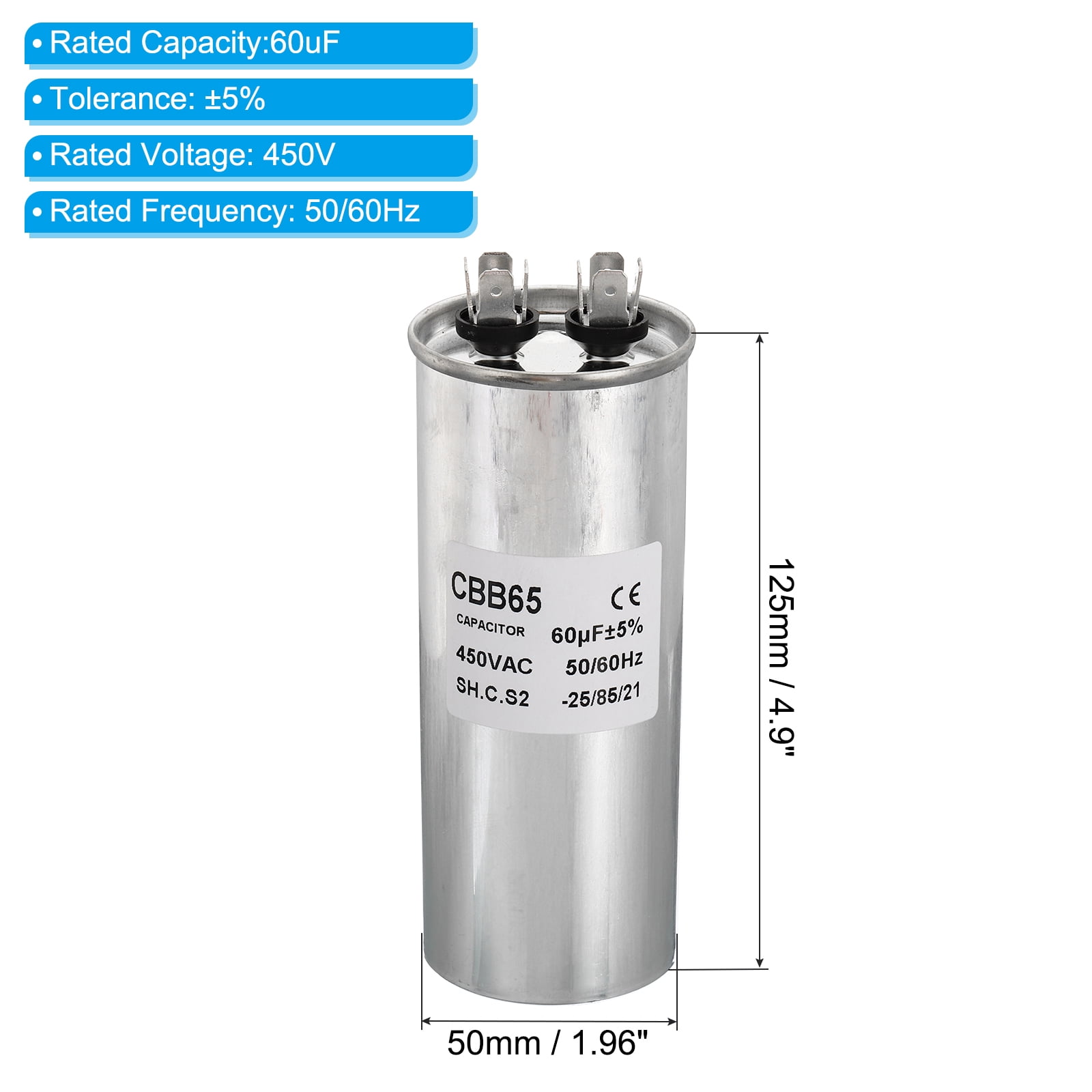 Uxcell CBB65 60uF Run Capacitor,60mfd 1Pcs AC 450V Aluminum Case with 2 Terminal