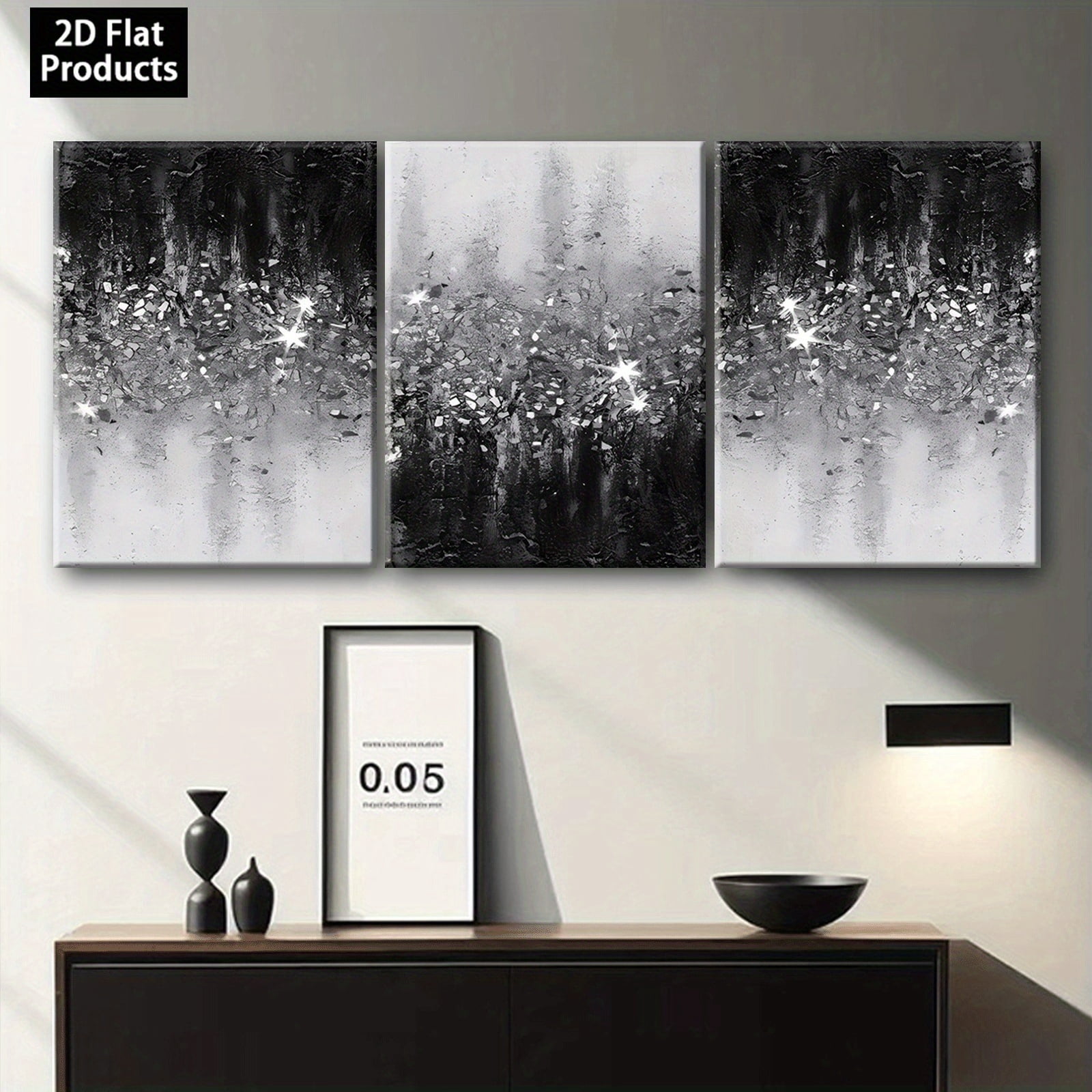 3pcs Modern Abstract Black & White Sparkling Wall Art | Framed Wrapped Canvas Paintings, Vertical Contemporary Shiny Decor Suitable for Living Room, Bedroom, Corridor - Ideal for Halloween,