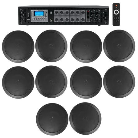 Rockville Commercial Receiver 10 6.5" 2Way Black Ceiling Speakers 4 Hotel/Office