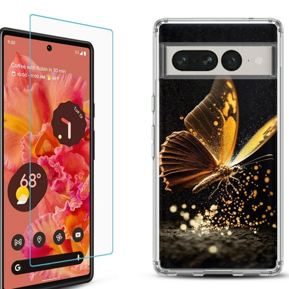 Shockproof Bumper Phone Case for Google Pixel 7, with Tempered Glass Screen Protector, by OneToughShield ® - Golden Butterfly