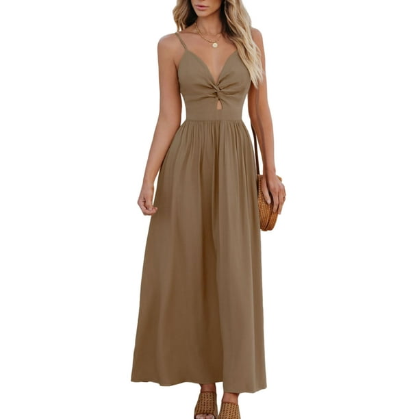 Vestido largo CUPSHE para mujer, sin mangas, cuello en V, cuello en V, corte de verano, tirantes finos, formales, vacaciones, color café, L