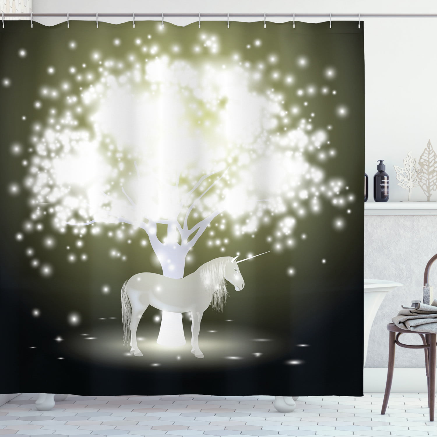 Bathroom Waterproof Shower Curtain Horse Black Unicorn In Space Profile Portrai 