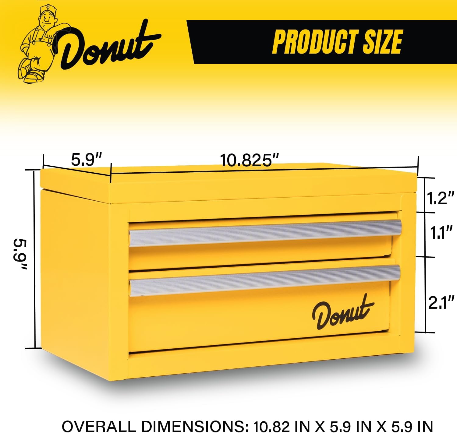 Donut Media Mini Portable Tool Box, 2 Sliding Magnetic Catch Drawers, Top Storage Area, 11" x 6" x 6"