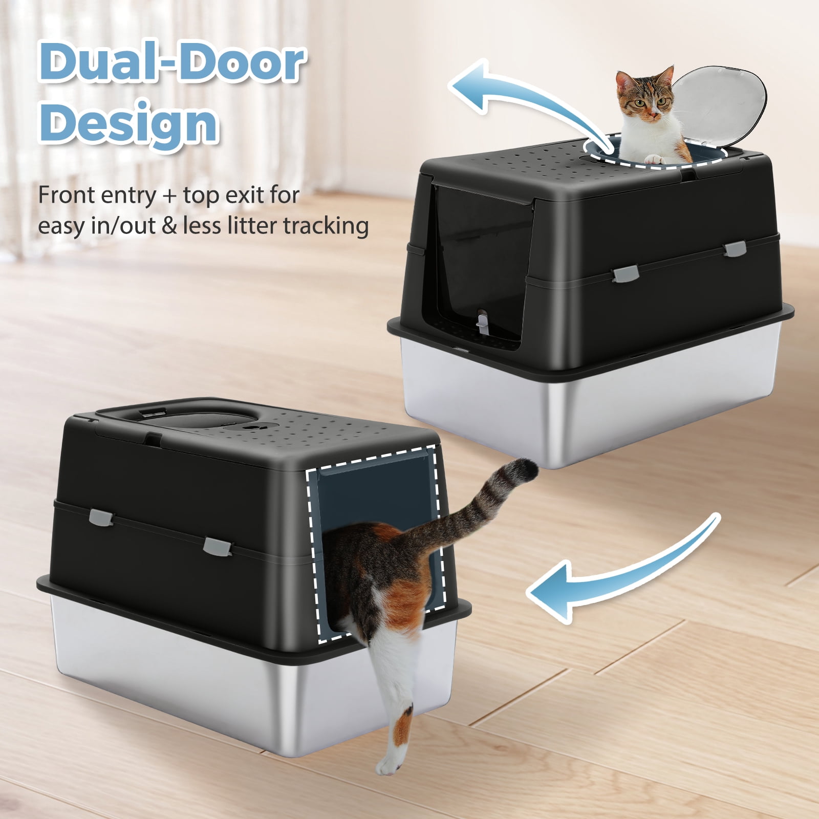 Pefilos 16" High Sides Stainless Steel Cat Litter Box, Anti-Leakage Enclosed Litter Box with Non-Sticky Metal Pan, Scoop, Front & Top Dual Entry for Big Cats, Black
