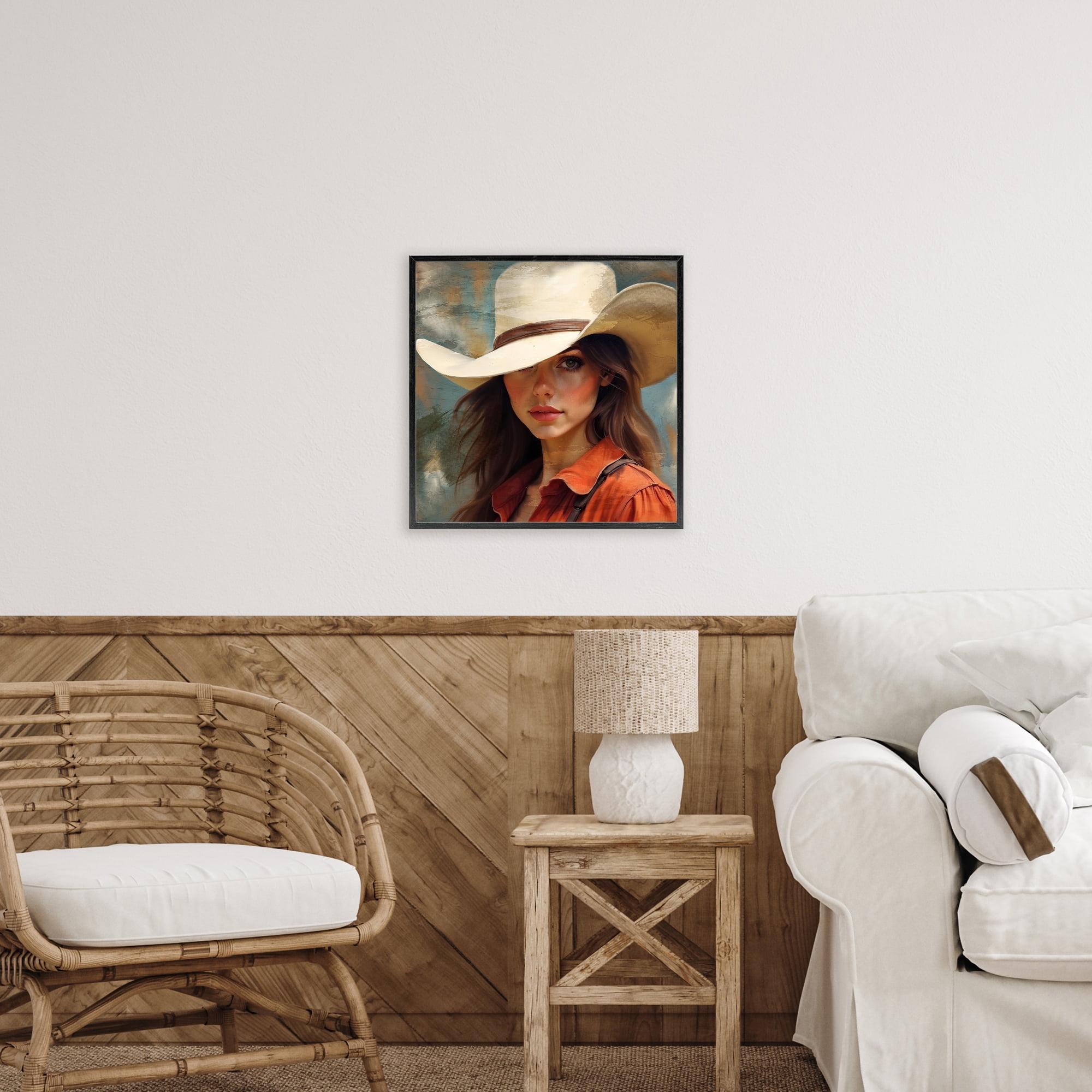 Cowgirl Gaze Beneath Hat Black Framed Giclee Art, design by Kim Allen
