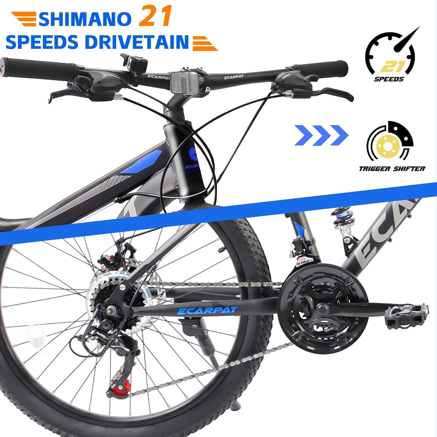 26" Mountain Bike, Dual Shock & 21-Speed Disc Brakes, Steel Frame for Adults Commute City Trail