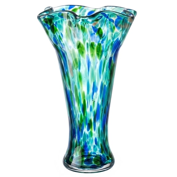 Teal Hand Blown Glass Flower Vase, Unique Wide Mouth Colorful Decor Vase for Table Shelf Centerpiece Home Decor