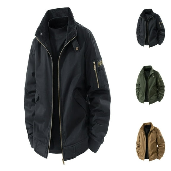 Jacket Men Windproof Full Zip Stand Collar Coat Casual Fall Winter Padded Warm Thickened Comfy Outdoor Sports Mens Jackets Black L