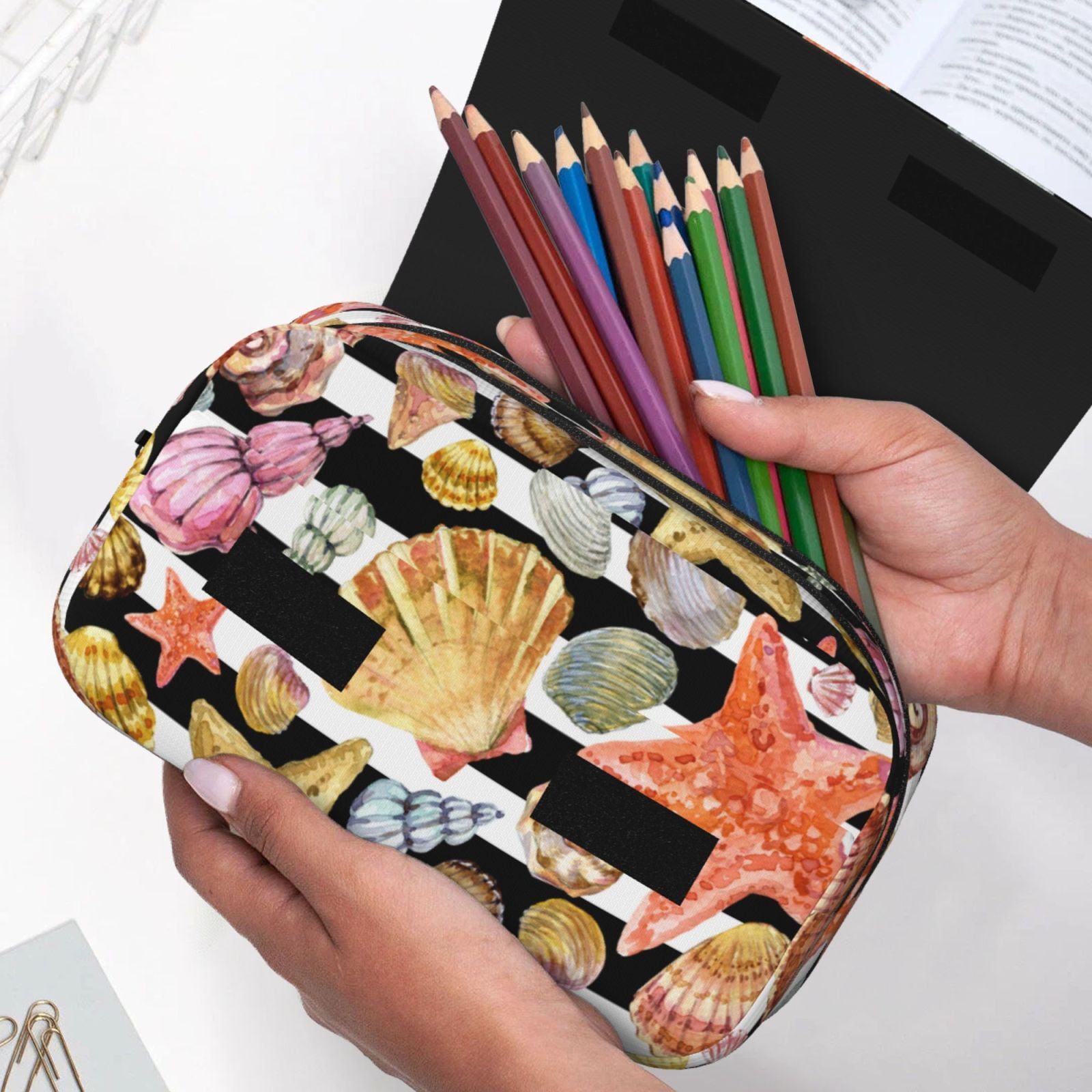 Rateoe Sea Shell Pattern Double Clamshell Pen Case, Storage Organizer with Two Zipper Compartments– Holds Up to 50 Pencils & Pens