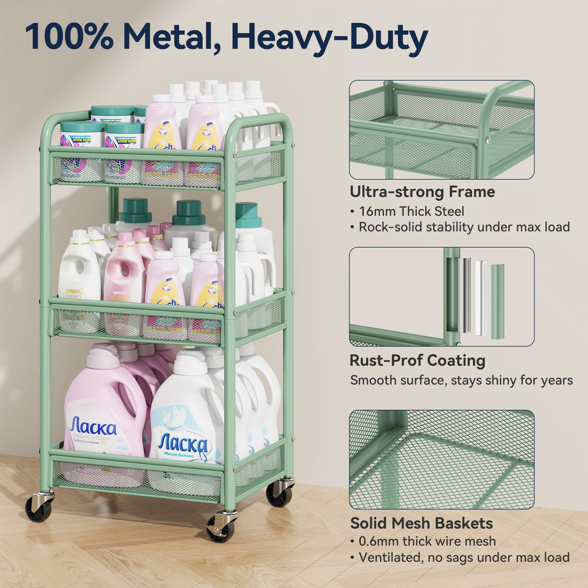 Black Metal Rolling Cart 3 Tier Utility Storage Organizer with Wheels Hanging Cups Hooks Mesh Basket for Bedside Kitchen Office