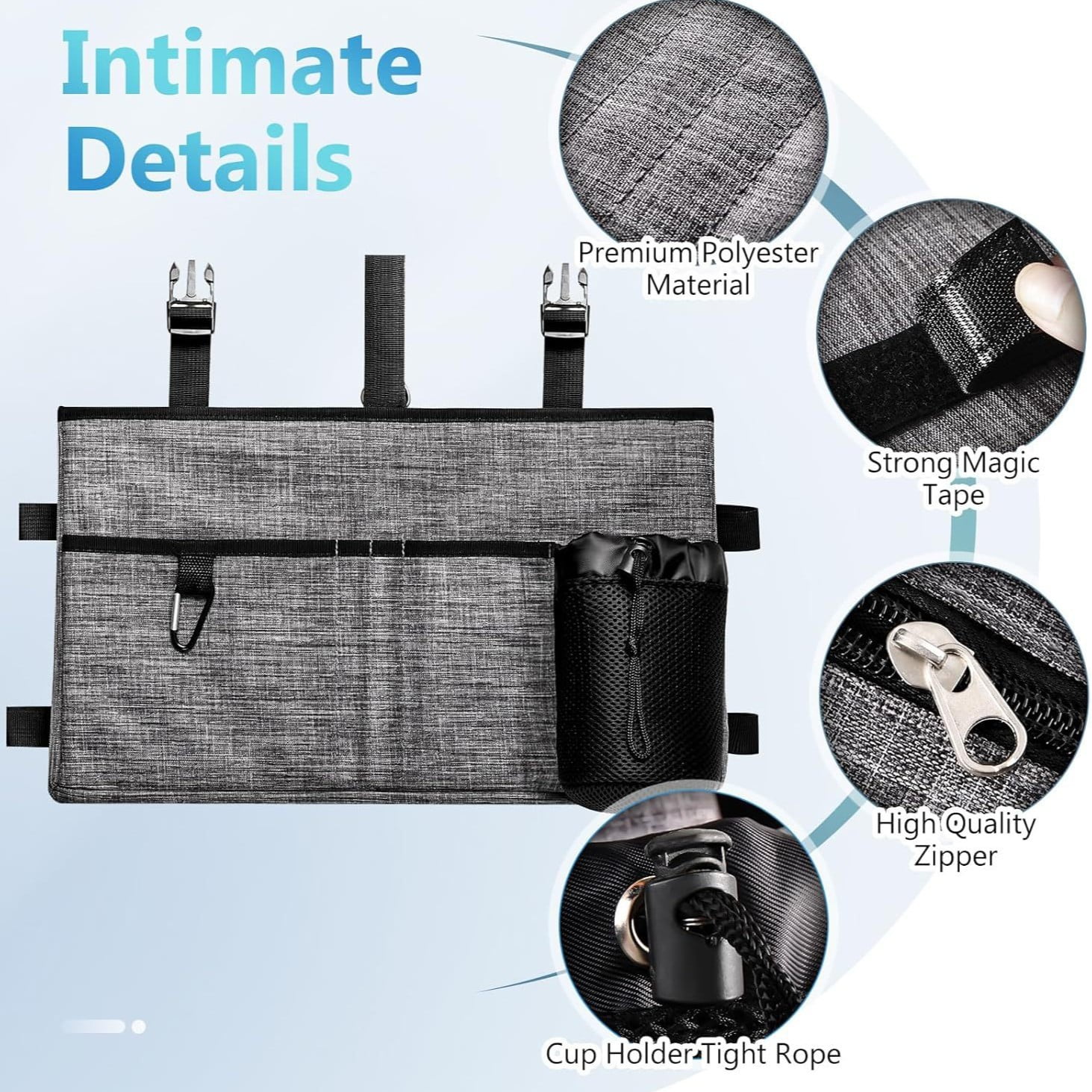 Yl-YANG Multi Pockets Folding Basket Tote Bag with Cup Holder, Hand-free Carry Pouch Storage Bag for Universal Walkers, Large Capacity Organizer for Seniors Elderly, Gray（oniy bag）