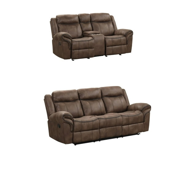 Benjara Arisa Sofa & Loveseat Manual Recliner Set-Brown Faux Leather-Drop Table