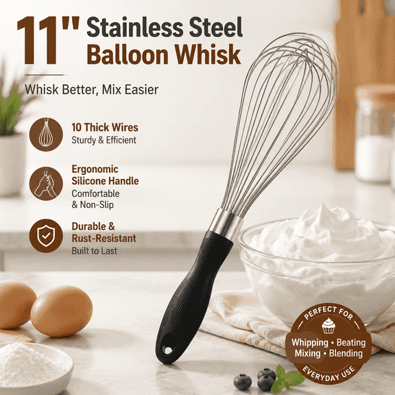 PLERISE 11 Inch Stainless Steel Balloon Whisk, Durable Wire Whisk with Soft Grip Silicone Handle for Blending, Beating, Frothing, Stirring and More, Black