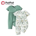 thumbnail image 1 of PatPat Baby Girl All Over Rabbit Print/Solid Ribbed V Neck Short-sleeve Jumpsuit, 1 of 7