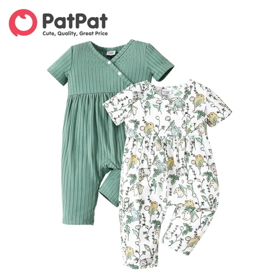 PatPat Baby Girl All Over Rabbit Print/Solid Ribbed V Neck Short-sleeve Jumpsuit