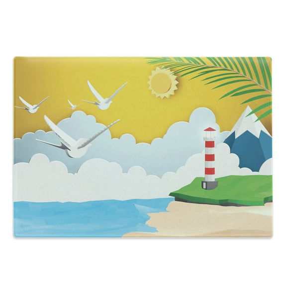 Graphic Beach Cutting Board, Paper Cut Art Style Nautical Landscape Lighthouse Seagulls Mountain and Sea, Decorative Tempered Glass Cutting and Serving Board, in 3 Sizes, by Ambesonne