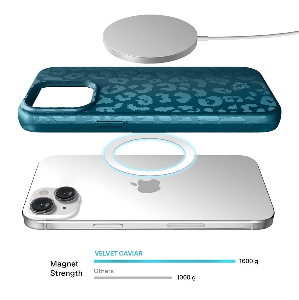 VELVET CAVIAR for iPhone 14 Case Compatible with MagSafe - Cute Protective Phone Cases for Women - Metallic Navy Blue Leopard Cheetah Print
