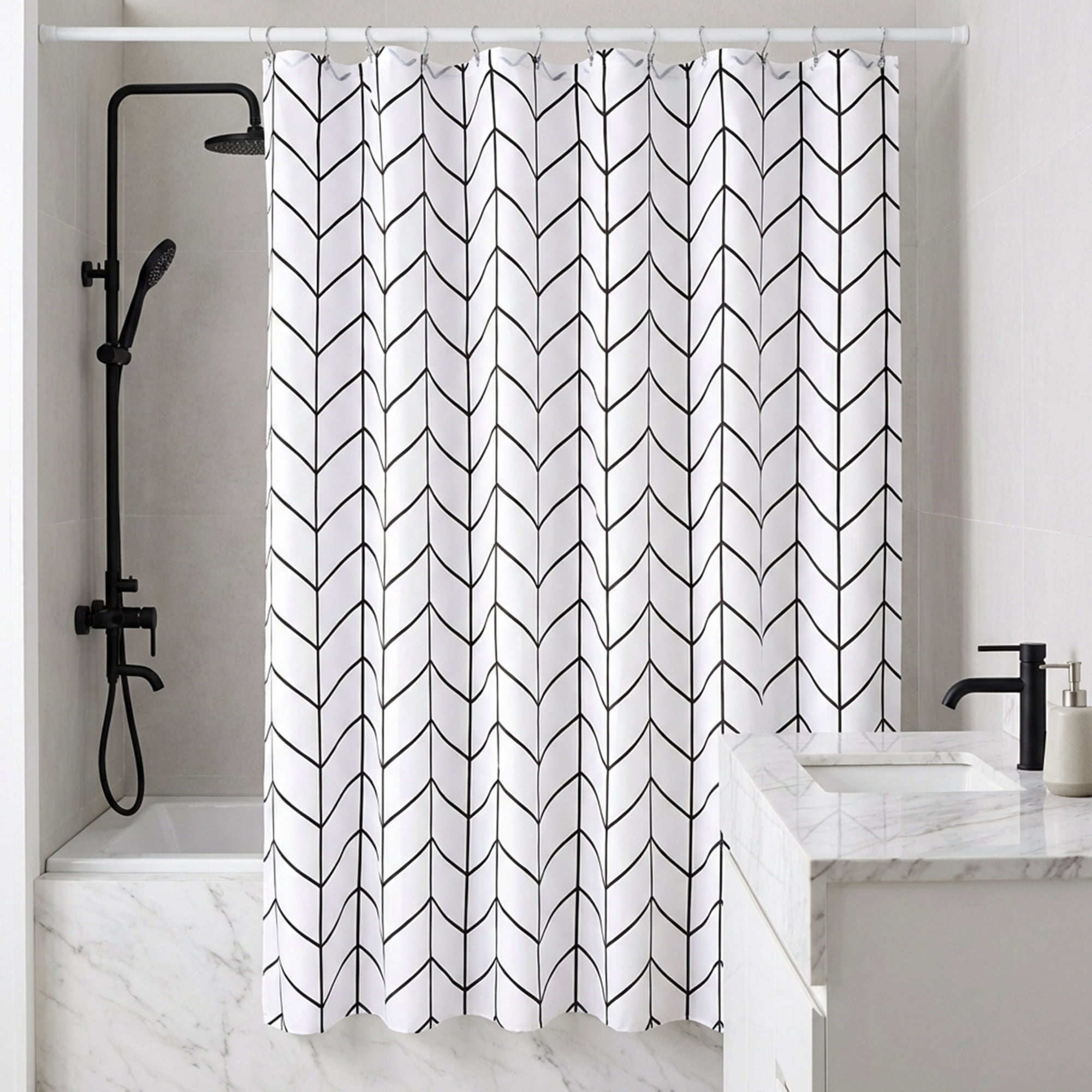 Unique Bargains Waterproof V-Stripe Shower Curtain Sets with 12 Hooks White 71"W x 71"L