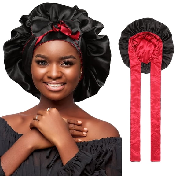 Double Layer Satin Hair Bonnet with Tie Band, Reversible Silk Sleep Cap, Soft Breathable Night Hair Wrap for Curly Natural Hair Daily Hair Care