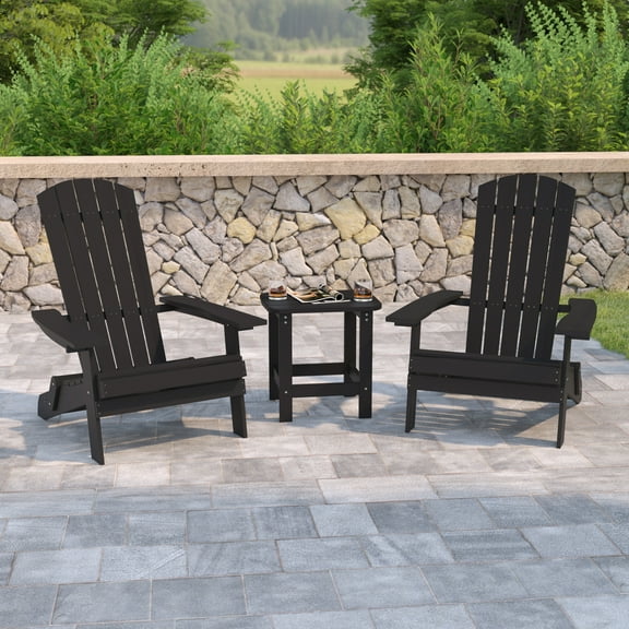 Emma   Oliver Set of 2 Indoor/Outdoor Folding Adirondack Chairs with Side Table in Black