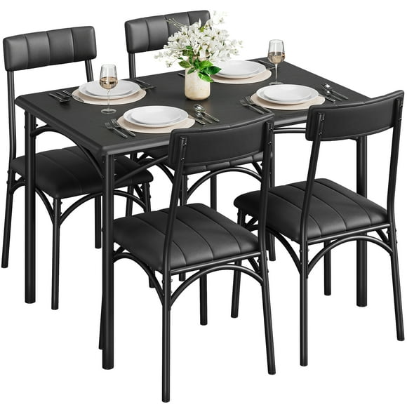 Alician 5-Piece Set for Home Kitchen Breakfast Nook, with 4 Upholstered Chairs, Dining Table for 4, Black