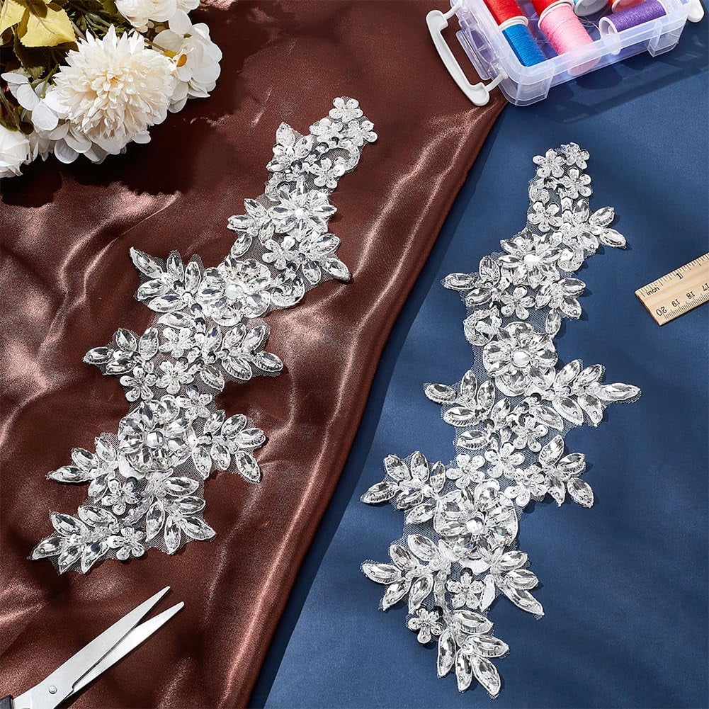 1 Pair Beaded Rhinestones Clothing Appliques Patch Sewing Beads Stones Trim lace Patches Handmade Silver Flower Rhinestones Beaded Patches for Wedding Dress Decoration Clothes Accessory White