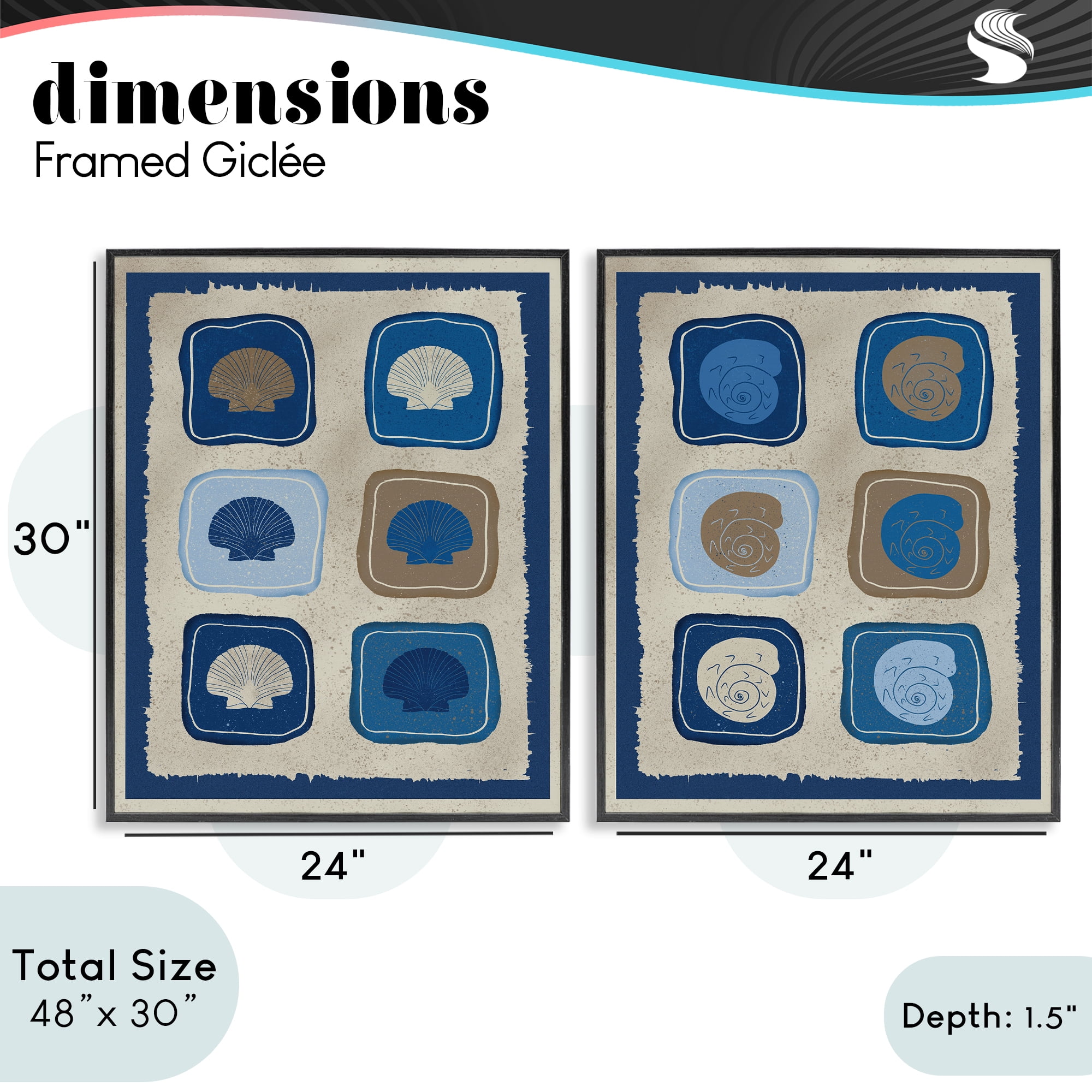 Stupell Industries Blue Blocked Seashells 2 Piece Black Framed Giclee Art Set, design by Julia Frost