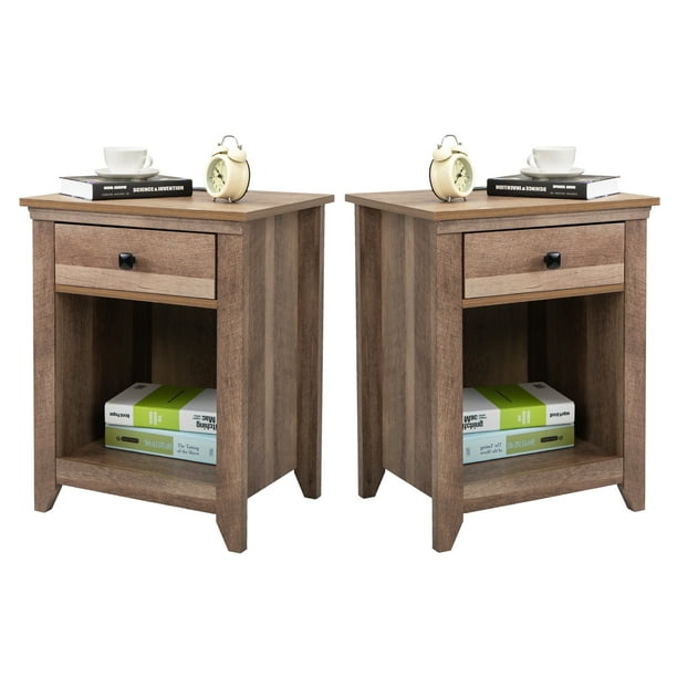 Jaxpety Set of 2 Farmhouse Nightstand with Charging Station, Wooden