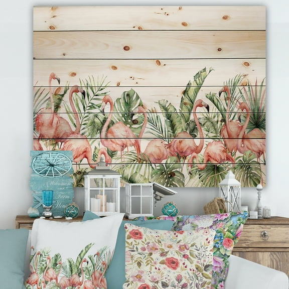 Designart 'Palm Leaves and Pink Flamingos Tropical Birds' Traditional Print on Natural Pine Wood