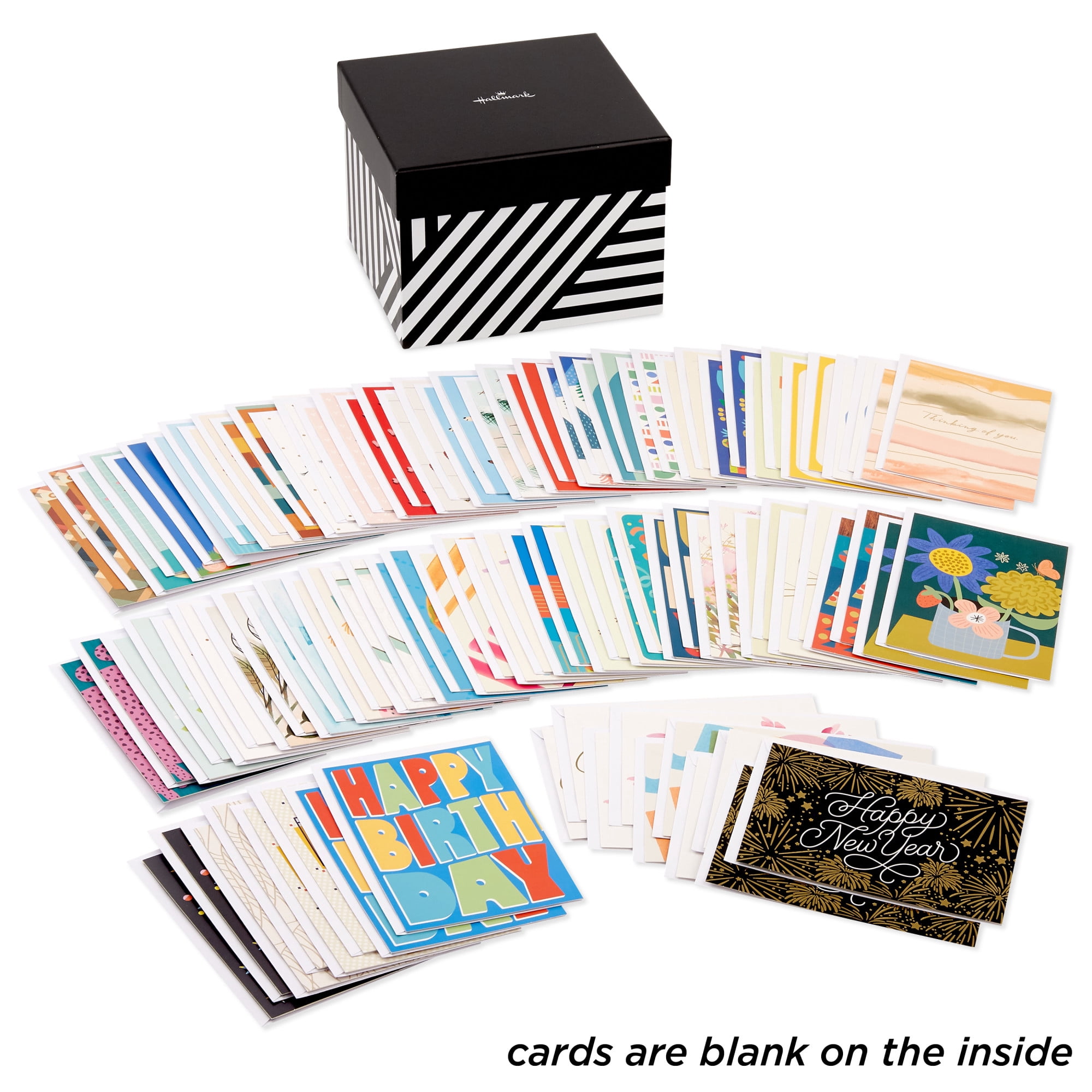 Hallmark Assorted All-Occasion Cards (Geometric Striped)—Birthday, Holiday, Wedding, Sympathy, Thinking of You, Thank You, Blank, Pack of 100 With Organizer Box
