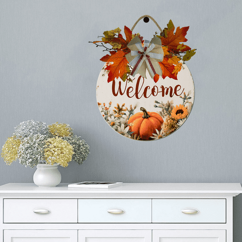 Fall Door Hanger Decor - Wooden Welcome Sign With Pumpkin & Sunflower, Farmhouse Porch Decor
