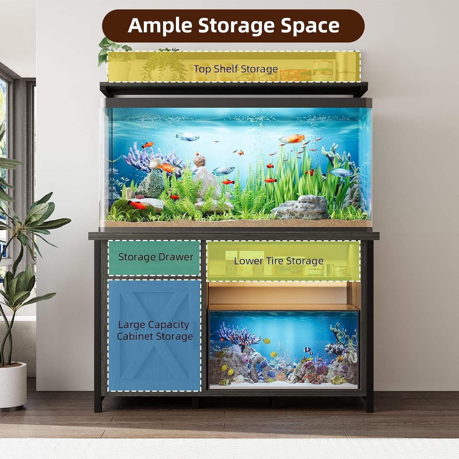 DreamCurship Fish Tank Stand with Power Outlet and Led Light, Cabinet for 55-75 Gallon Aquarium, RGB Lighting Strip Ideal for Turtle Enclosure, Supports up to 1100 Pounds, Gray