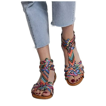 

Summer Ethnic Style Flat Sandals Female Colorful Buckle Roman Sandals