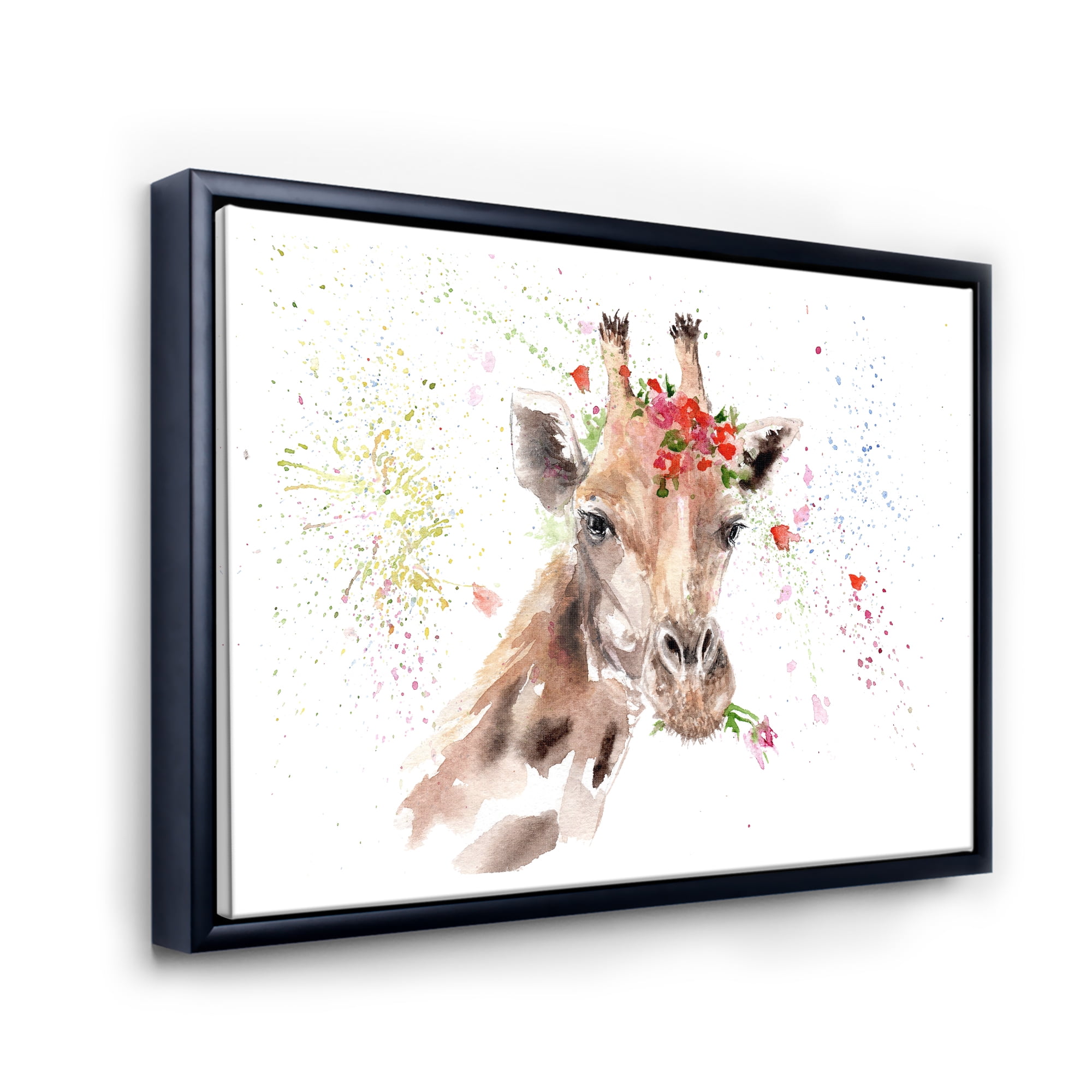 Designart 'Portrait of A Giraffe With Red Flowers II' Farmhouse Framed Canvas Wall Art Print