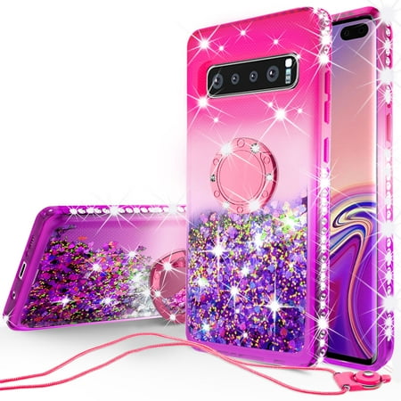 SOGA Rhinestone Liquid Quicksand Cover Cute Girl Phone Case Compatible for Samsung Galaxy S10 Case, with RingStand for Magnetic Car Mounts and Lanyard - Purple / Pink