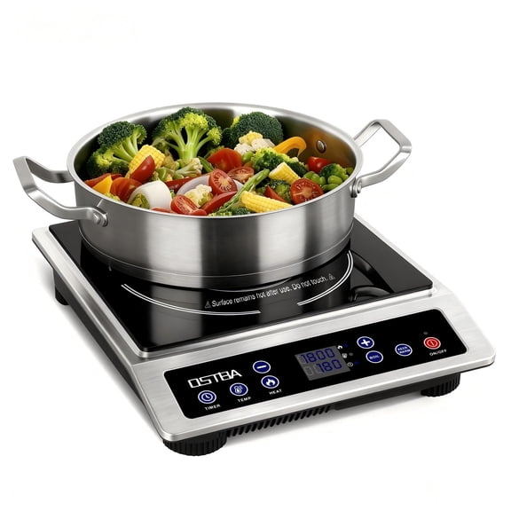 OSTBA 1800W Stainless Steel Induction Cooktop , Professional Commercial Countertop Induction Burner with 10″ Heating Coil, 10 Power Levels, 120–460°F Temp Control, 3-Hour Timer & Keep Warm