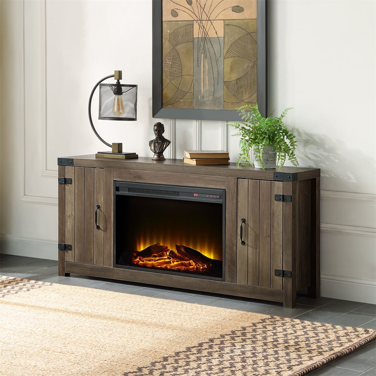 Modern Traditional Golden Oak TV Stand, Fireplace TV Console in Rustic