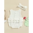 thumbnail image 4 of Cenuakty Baby Summer 2PCS Romper, Sleeveless Plain Pleated Crew Neck Ruffle Snap Bottom Jumpsuit, Stretchy Bow Headband, 4 of 9