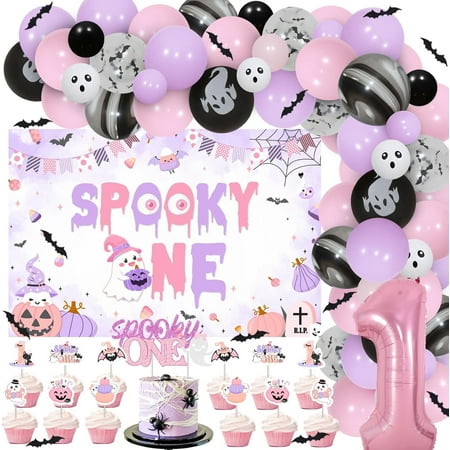 Halloween 1st Birthday Decorations for Girls Pink Purple, Spooky One Balloons Garland Arch Kit Backdrop, One Year Old Birthday Party Decor Supplies Photography Background Banner Cake Topper