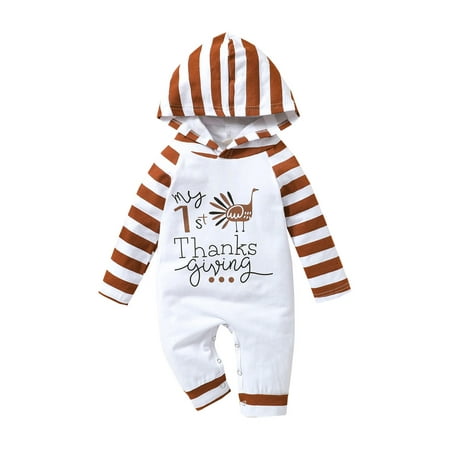 

Baby Toddler Thanksgiving Day Romper Stripe Letters and Turkey Printed Pattern Hooded Jumpsuit