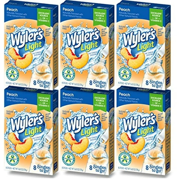 Wylers Light Singles To Go (6 Pack), Peach Water Drink Mix, 48 Total Powder Drink Mix Packets