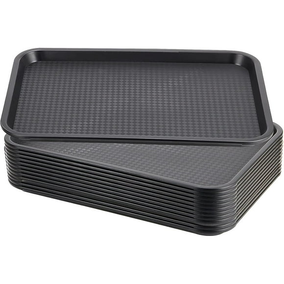 Lot de 12 Plateaux de Restauration Rapide Noirs 16 x 12 Pouces, Grands Plateaux Rectangulaires pour Restaurant, Plateaux en Plastique pour Cafétéria, Plateaux pour Déjeuner à l'École