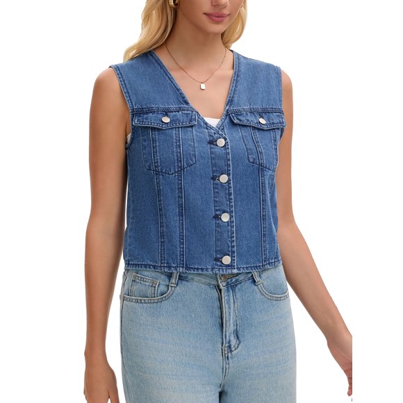 Women's Cropped Denim Vest V Neck Western Button Up Sleeveless Jean Waistcoat Jacket XL Blue