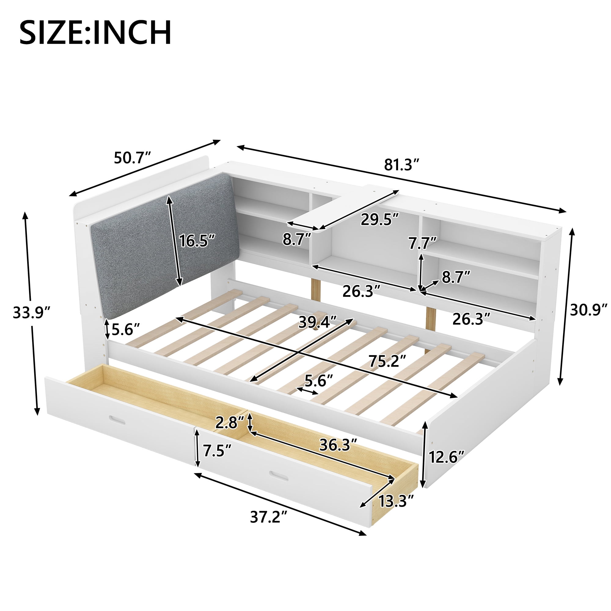 Euroco Wood Twin Size Platform Bed with Storage Headboard and Shelves, 2 Drawers Floor Bed for Kids, White