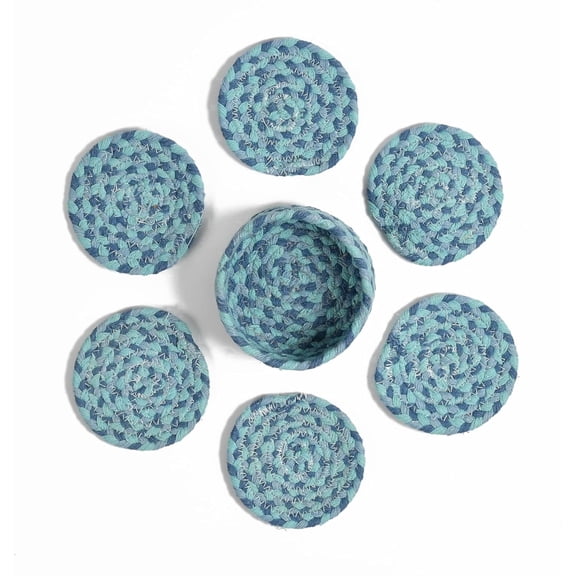 Coasters Set of 6 for Drinks, Cotton Woven Absorbent Coasters with Holder – Boho Style Tabletop Protection for Coffee, Beer & Cups (Blue)