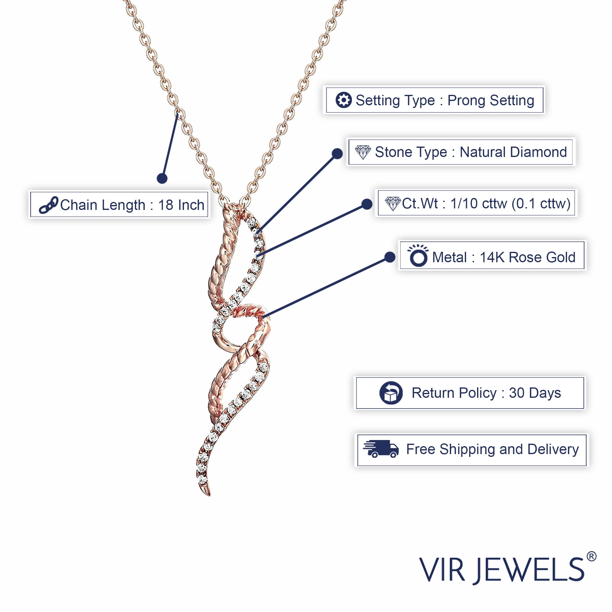Vir Jewels 1/10 cttw Diamond Pendant, Diamond Swirl Pendant Necklace for Women in 14K Rose Gold with 18 Inch Chain, Prong Setting For Female Adult