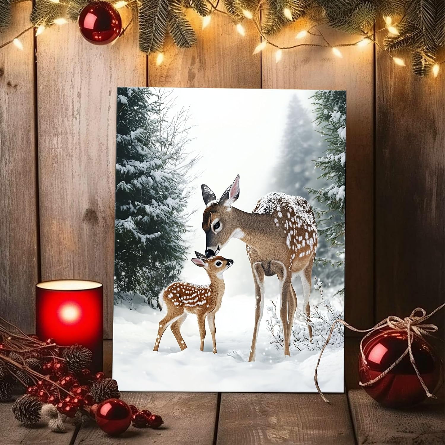 Christmas Canvas Wall Art Decor with Mother Reindeer and Fawn, Winter Holiday Canvas Print for Living Room and Bedroom, Christmas-Themed Wall Décor to Enhance Holiday Atmosphere?11X14 inch