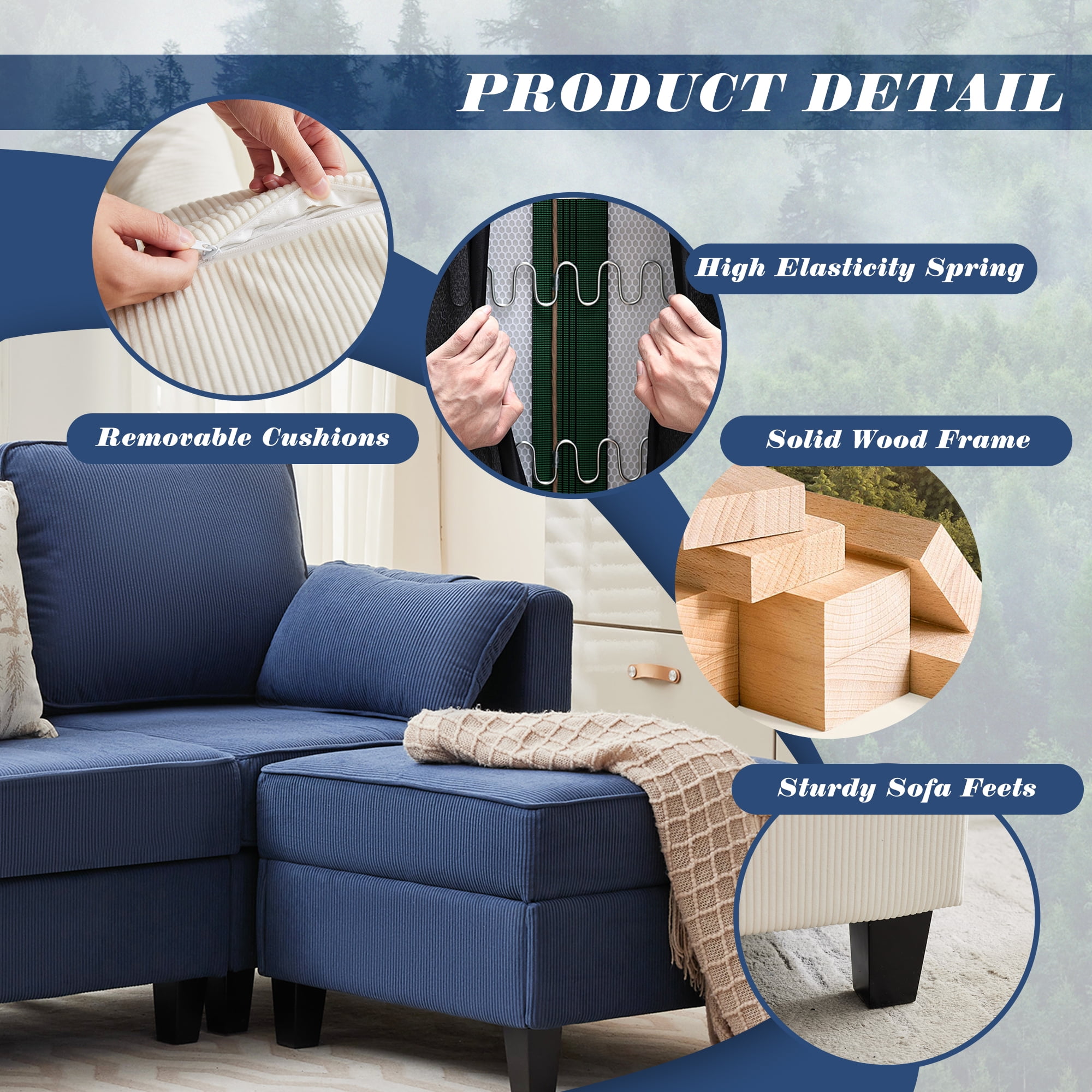 Magic Union Convertible Sectional Couches for Living Room- Small Space Couches L-Shaped Sofa, Corduroy Upholstered 3 Seats Sofas W/Storage Chaise, USB Ports, Side Pockets and Pillows