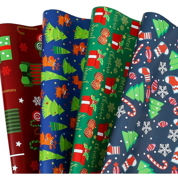 Christmas Wrapping Paper for Kids Boys Girls Baby - 4 Styles Cute Xmas Gift Wrap Paper for New Year Party - 10 Sheets, 20 x 29 inch