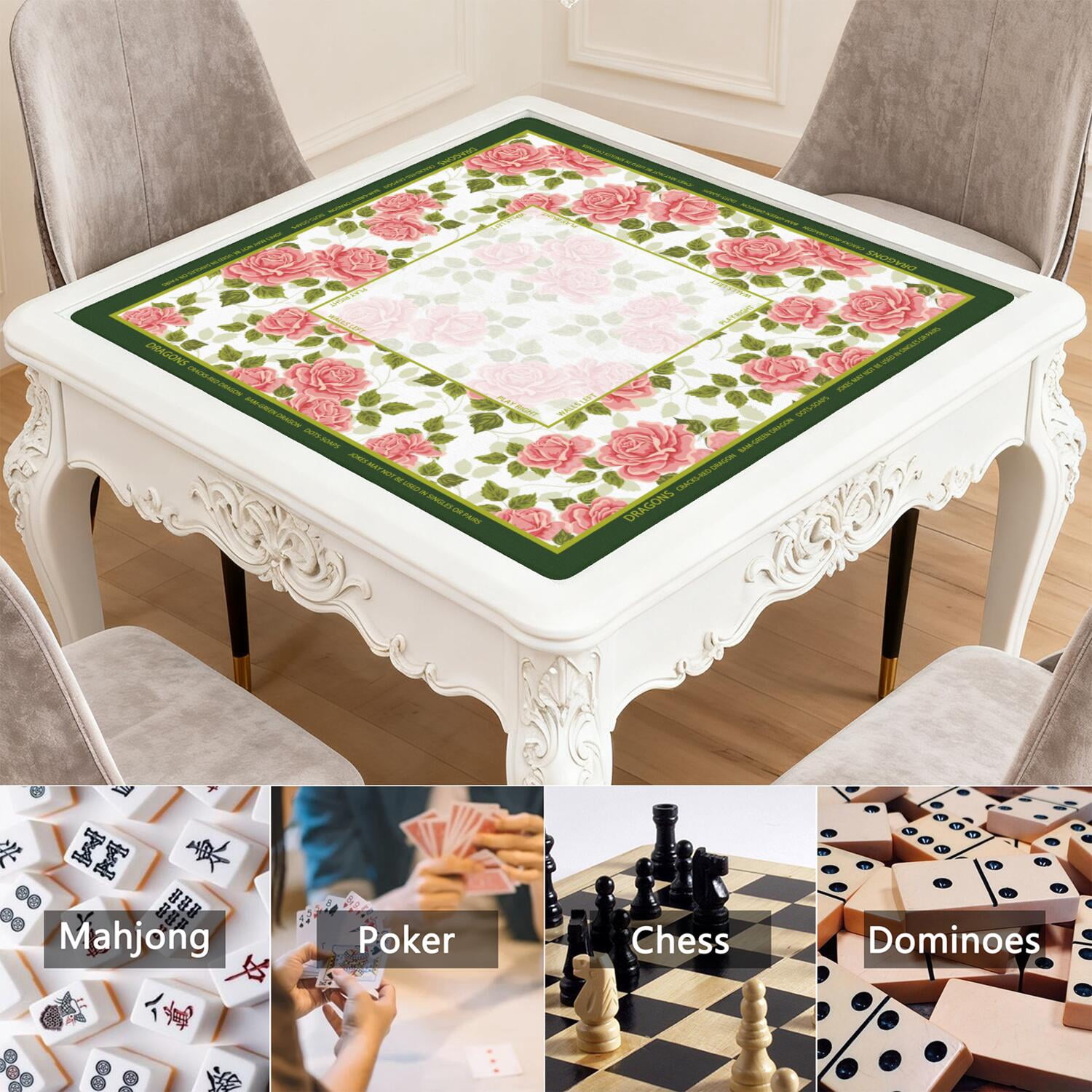 Elegant Mahjong Mat with Rules, 31.5*31.5in Anti Slip American Mahjong Mat for Table, Noise Reduction, Neoprene Mah jongg Mats with Carrying Bag & 3 Dices, Mahjong Set Gift, Board Tile Games Mats